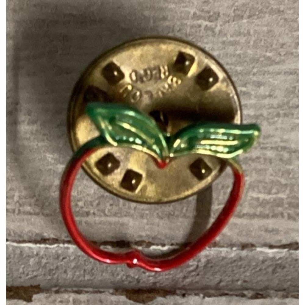 Goldtone Pin Outline of Red Apple w/ Green Leaves Vintage